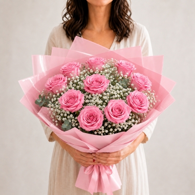 10 pink roses with gipsofilija