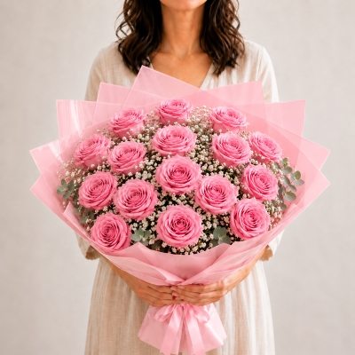 15 pink roses with gipsofilija