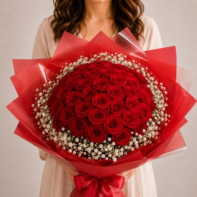40 Red roses with gipsofilija