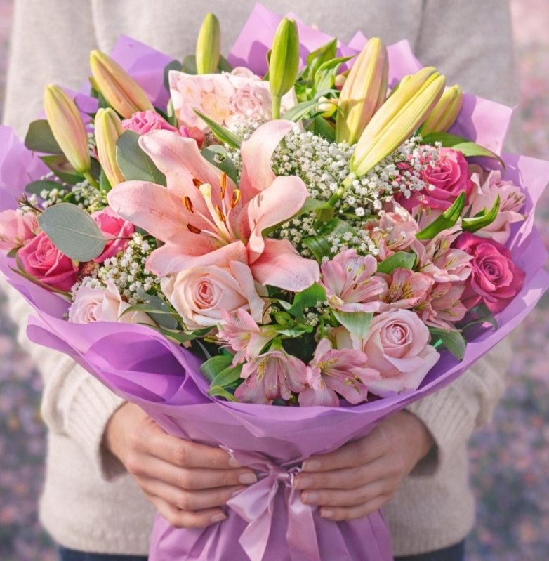 Luxury pink roses and lilies bouquet