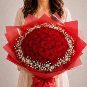 40 Red roses with gipsofilija