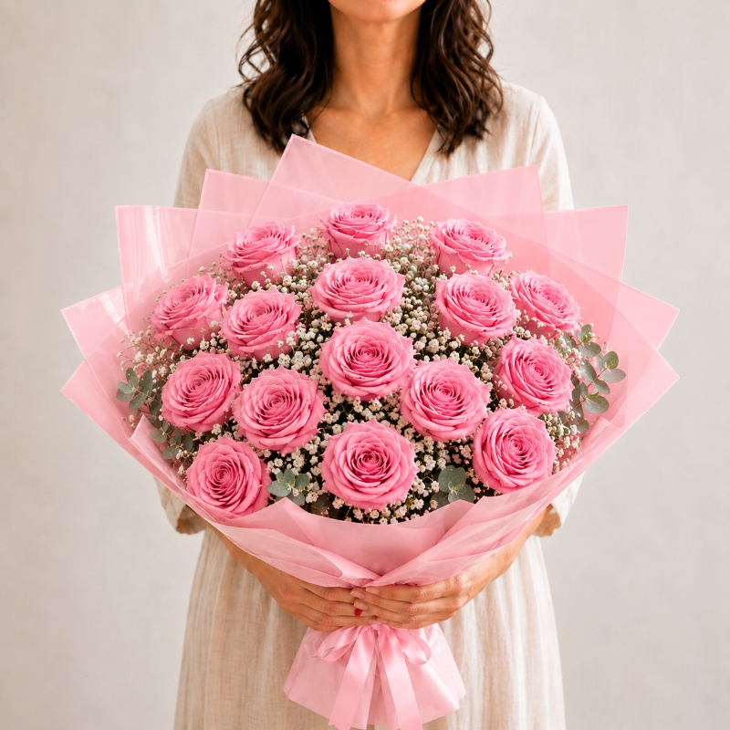 15 pink roses with gipsofilija