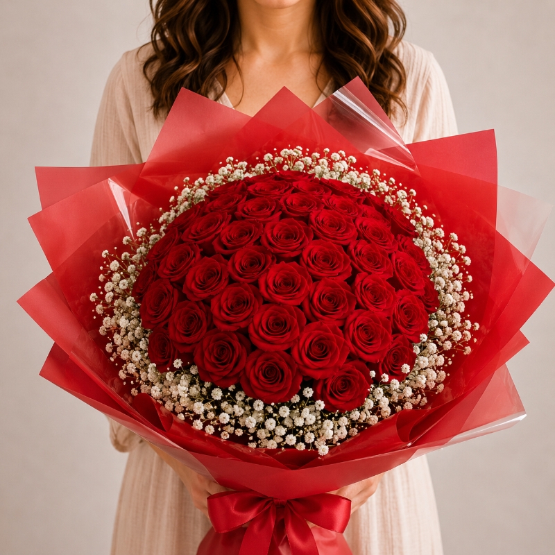 40 Red roses with gipsofilija