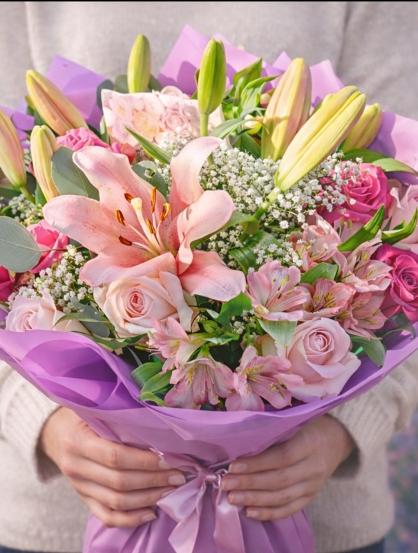 Luxury pink roses and lilies bouquet