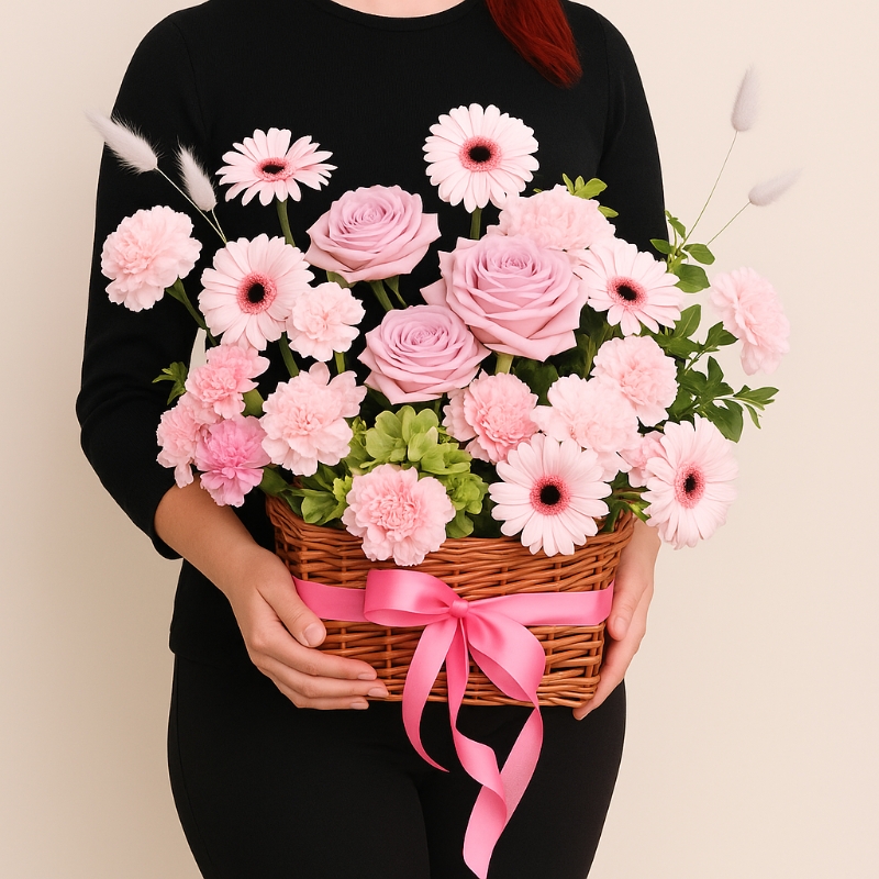 Pink flowers basket